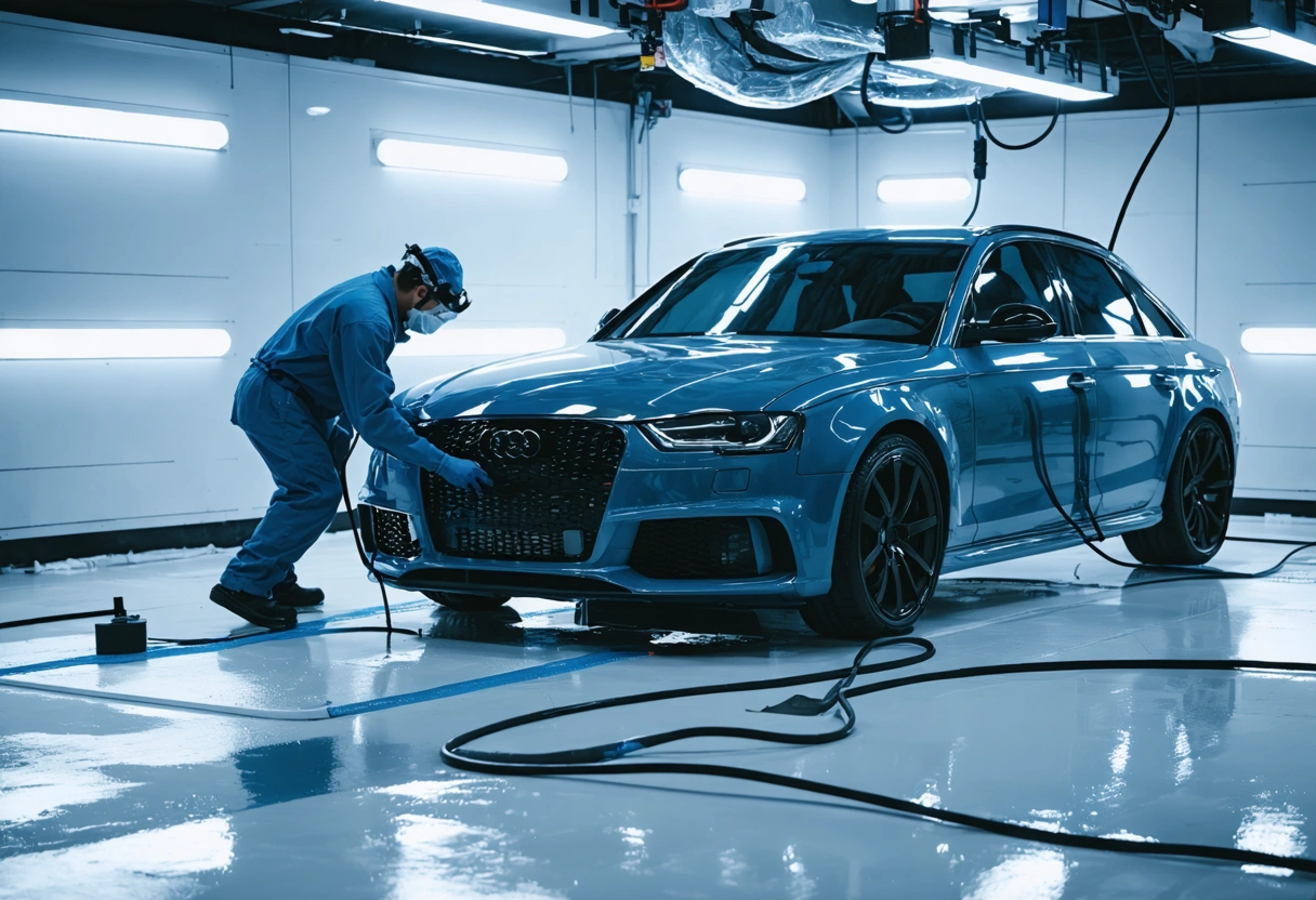 Auto body shop paint booth with a car being painted, technician in protective gear applying