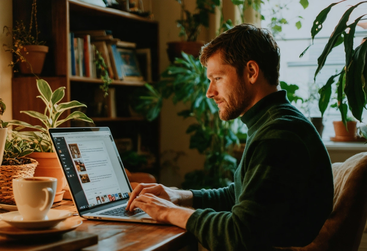 Customer reading online reviews on a laptop in a cozy home setting, warm lighting, focused