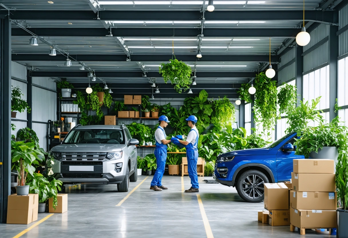 Eco-friendly auto body shop with solar panels on the roof, technician recycling materials, green plants