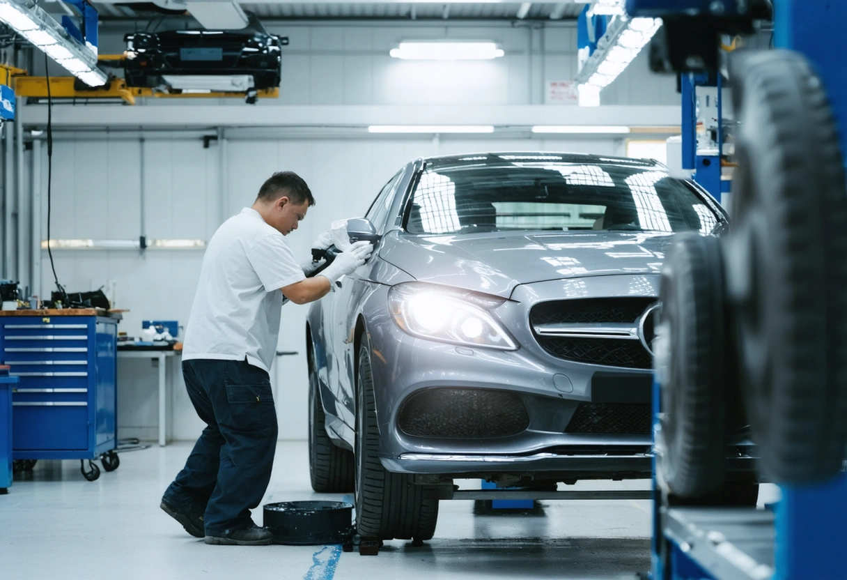Inside a modern auto body shop, certified technicians use advanced equipment to apply paint to