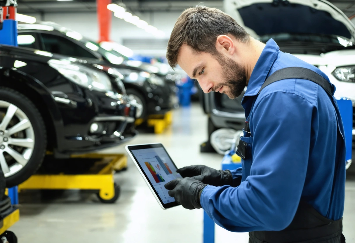 Technicians work on various vehicles with repair plans on tablets