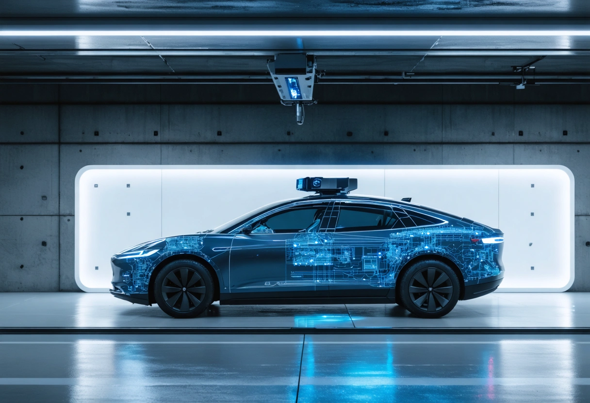 Car with ADAS technology in modern garage, sensors and cameras visible