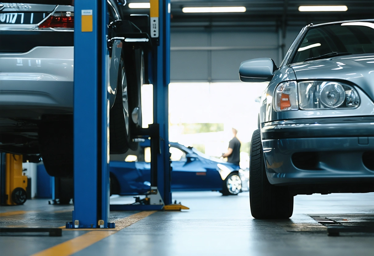 Mechanic explains wheel alignment check to customer in auto shop