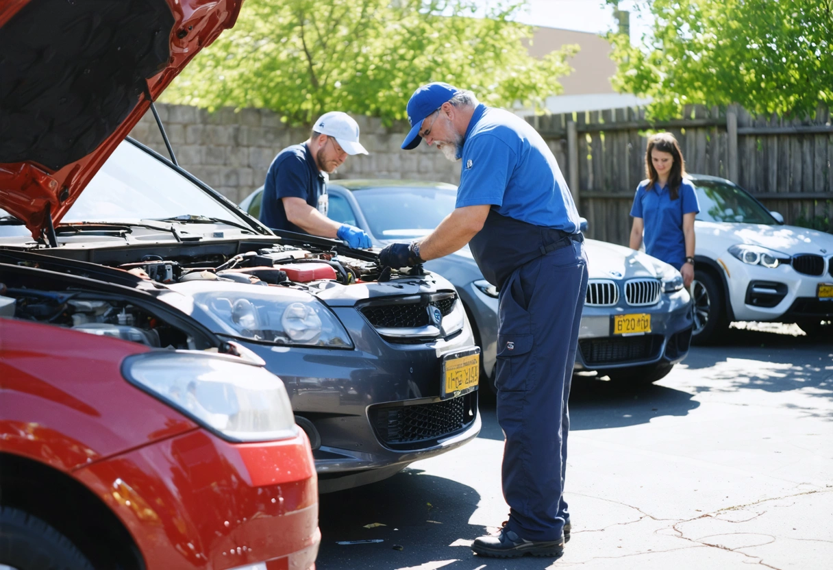 Community car care event with technicians teaching vehicle maintenance outdoors