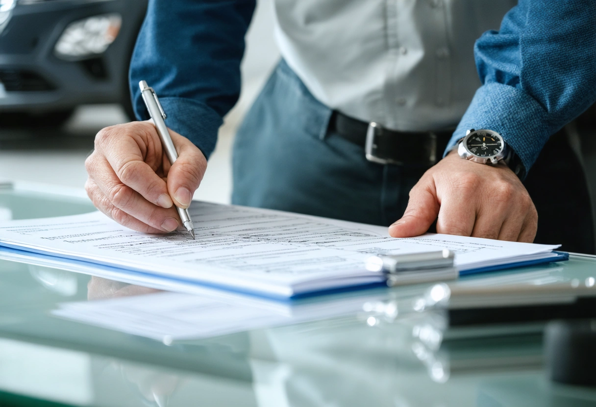 Customer reviews repair bill with staff in organized office setting