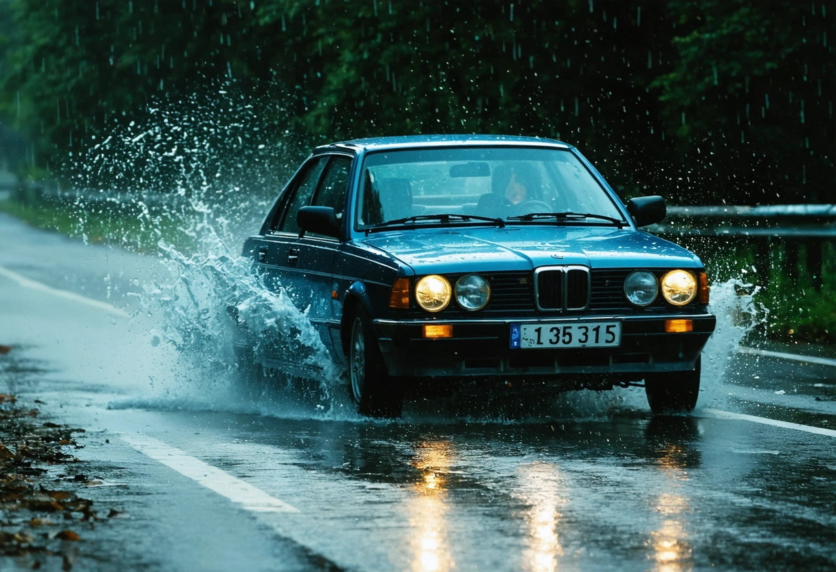 Driver struggles to control car on wet road, highlighting alignment importance