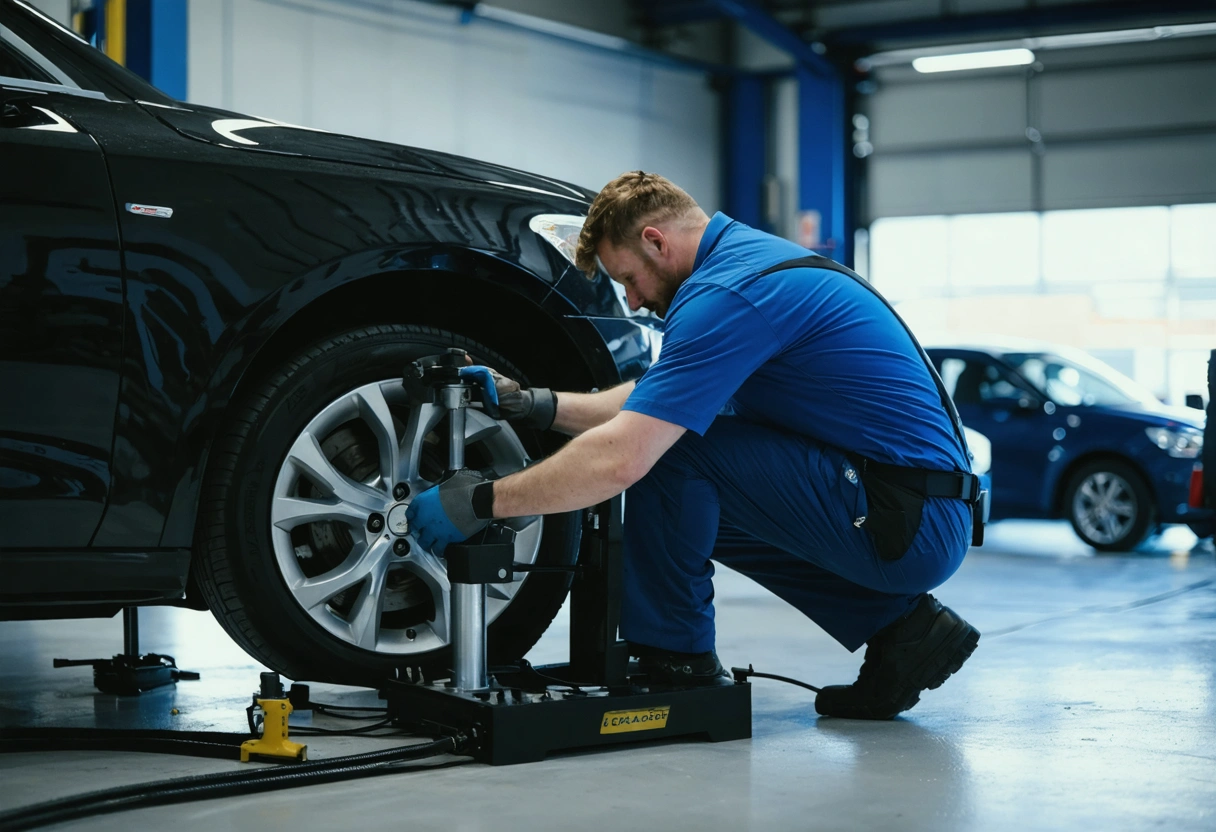 Mechanic adjusts wheel angles with high-tech tools in repair shop