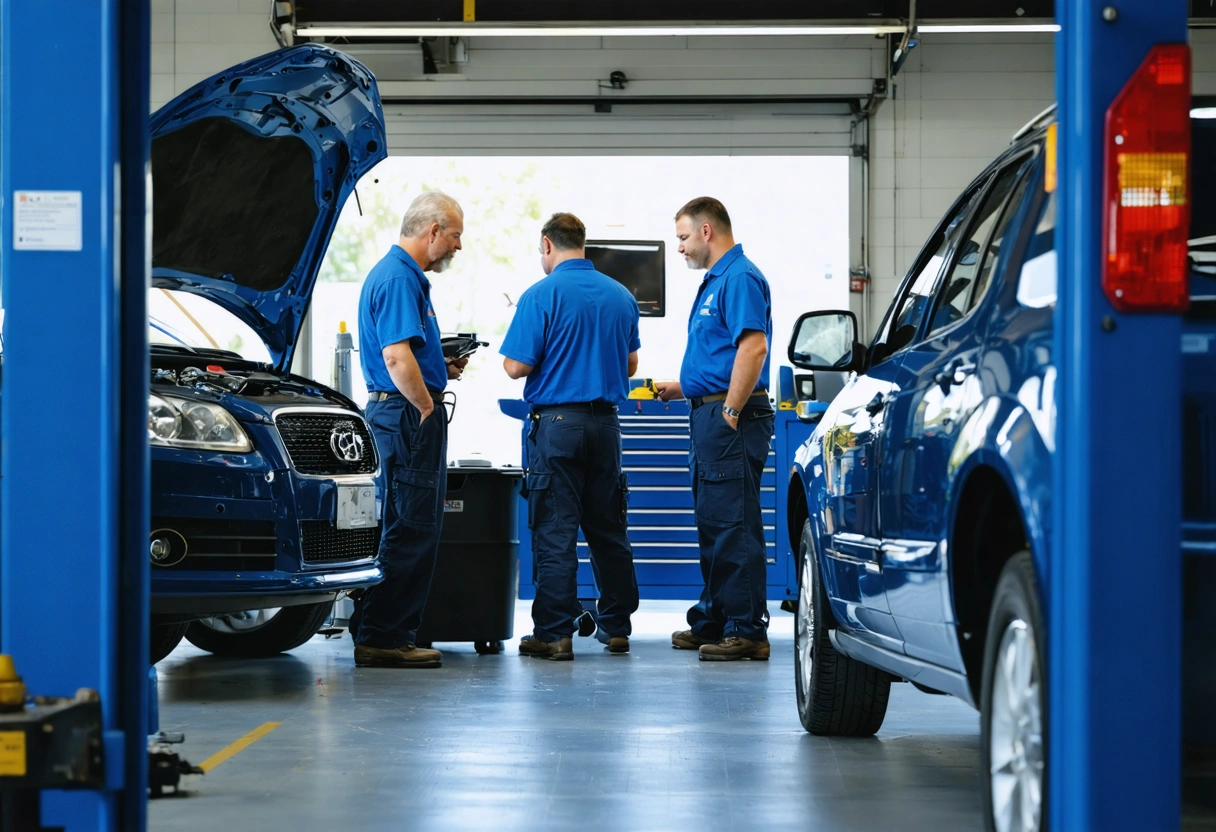 Auto technicians discuss repair strategies with customer in shop