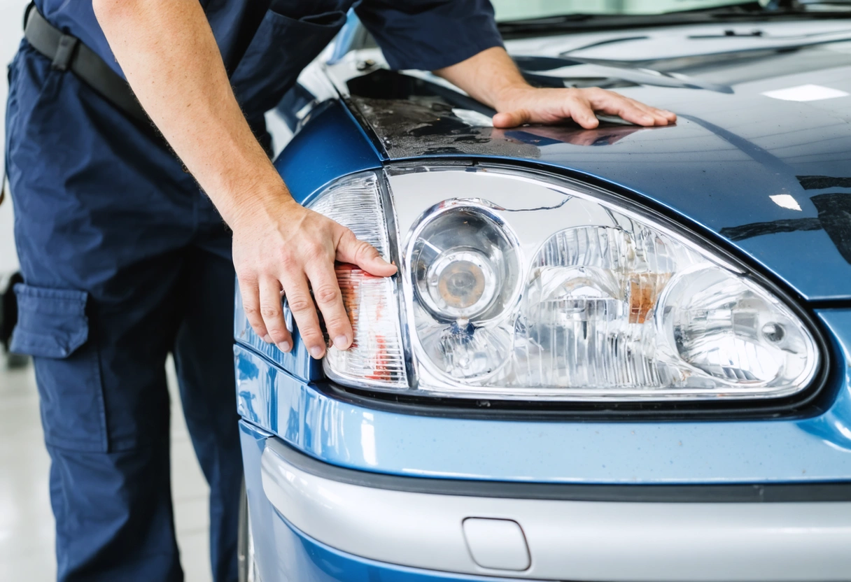 Close-up of a car with mismatched paint colors and visible scratches. Daylight, garage setting, showing