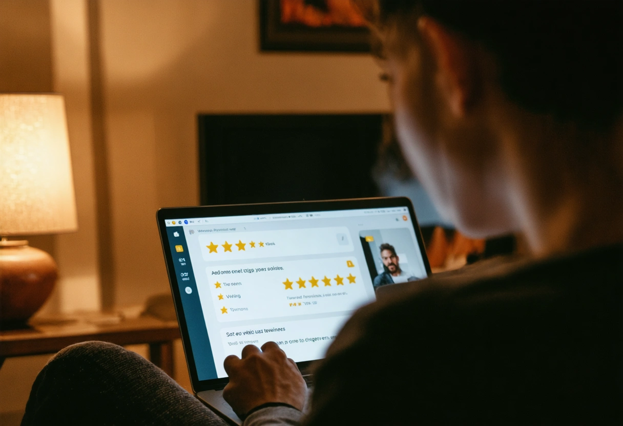 Customer reading online reviews on a laptop in a cozy home setting. Soft lighting, focused