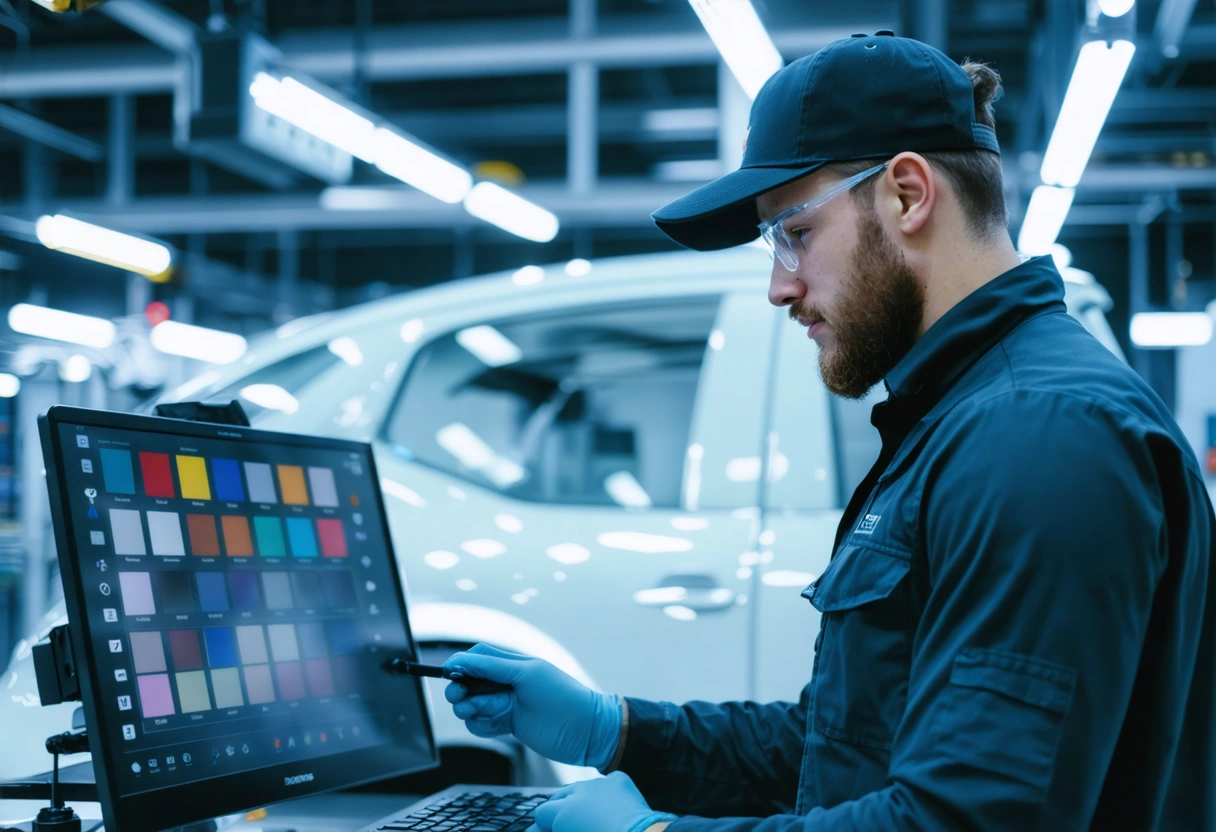 Technician matches paint colors using computerized system in high-tech repair facility