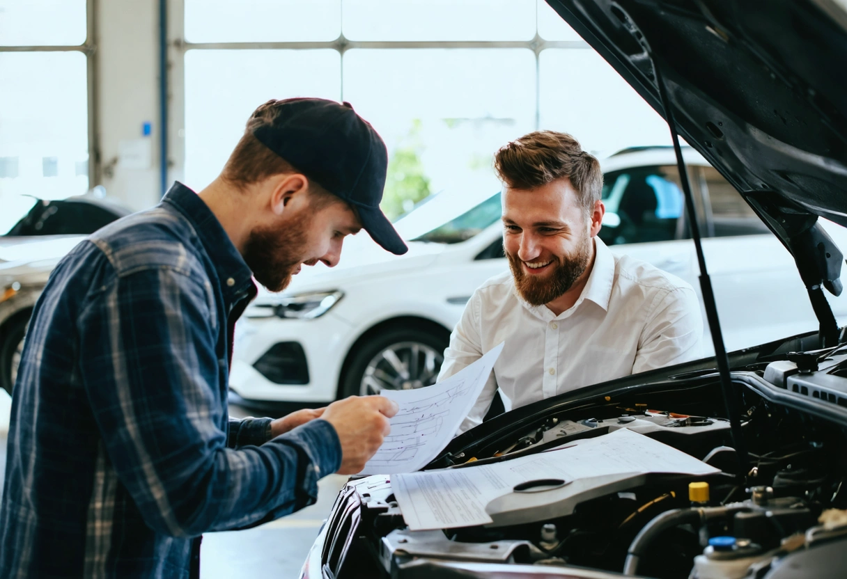 Mechanic explaining repair details to a customer in a workshop. Friendly interaction, bright environment, car