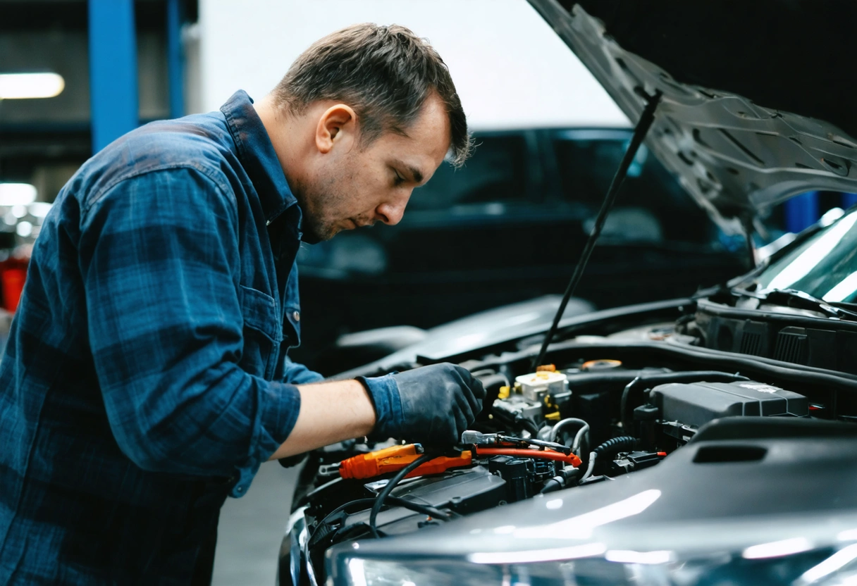 Mechanic inspecting a car's electrical system, tools in hand, focused expression. Workshop setting, car hood