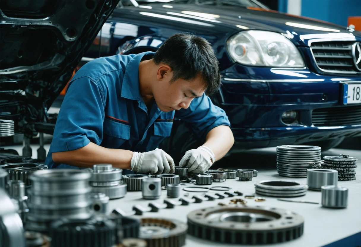 Mechanic installing OEM parts in a car, focused and precise. Workshop setting, bright lighting, parts