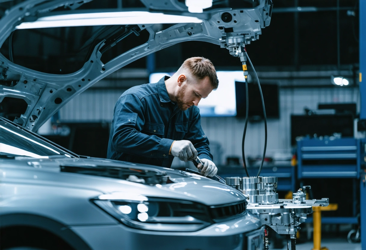 Technicians use advanced tools on car in modern repair shop