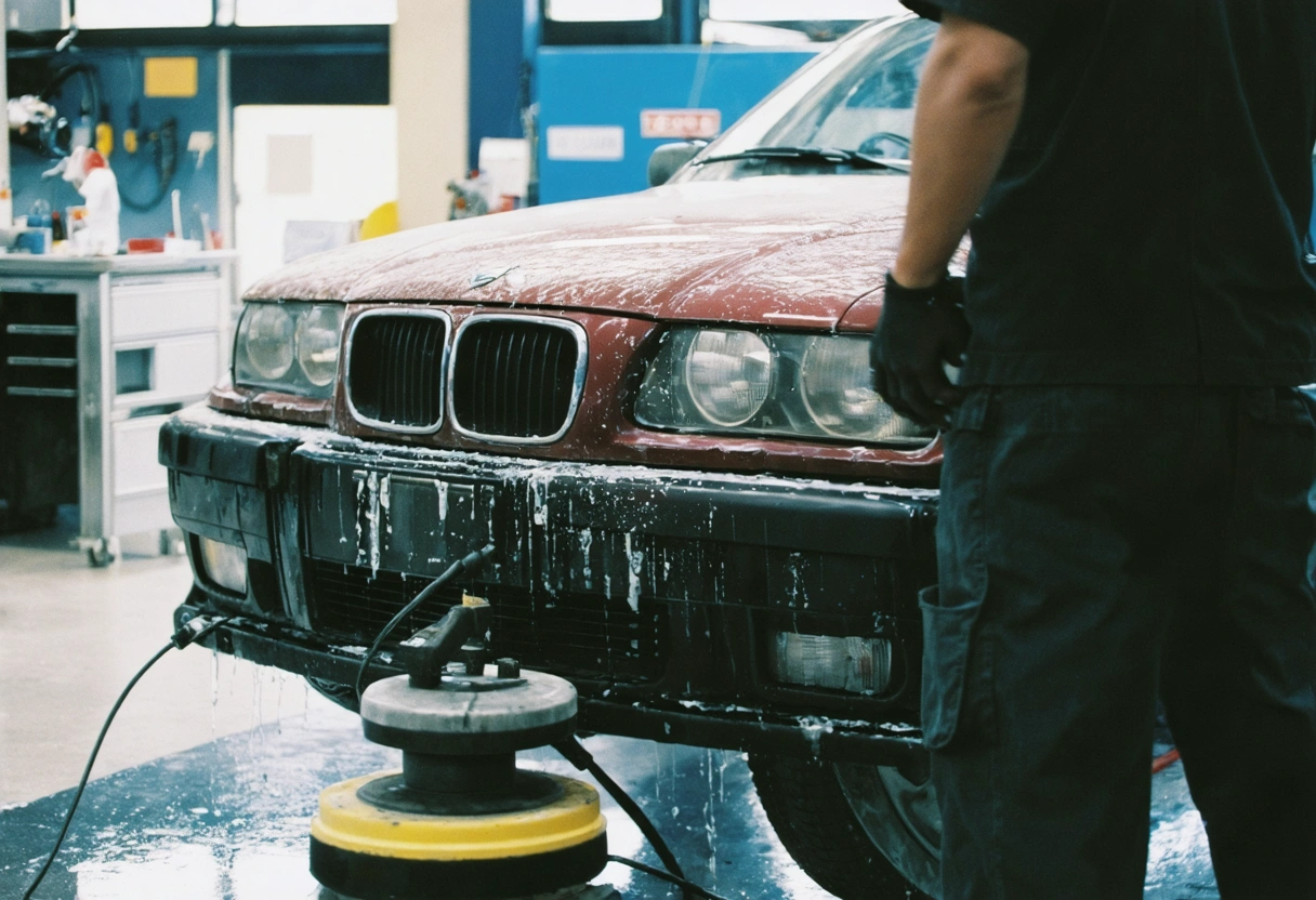 A car being polished in a workshop, technician using a buffer. The surface is glossy