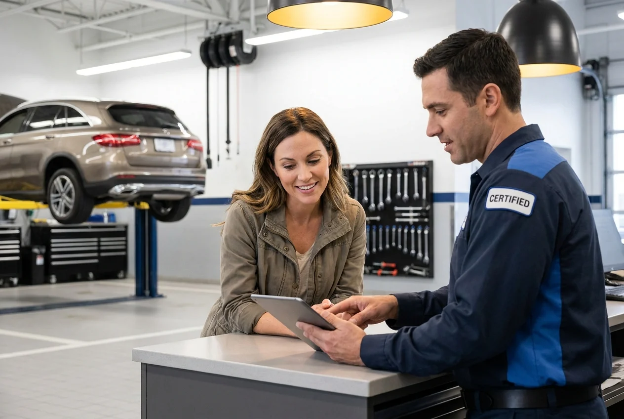 A customer discussing repair options with a certified technician in a clean, professional auto shop.
