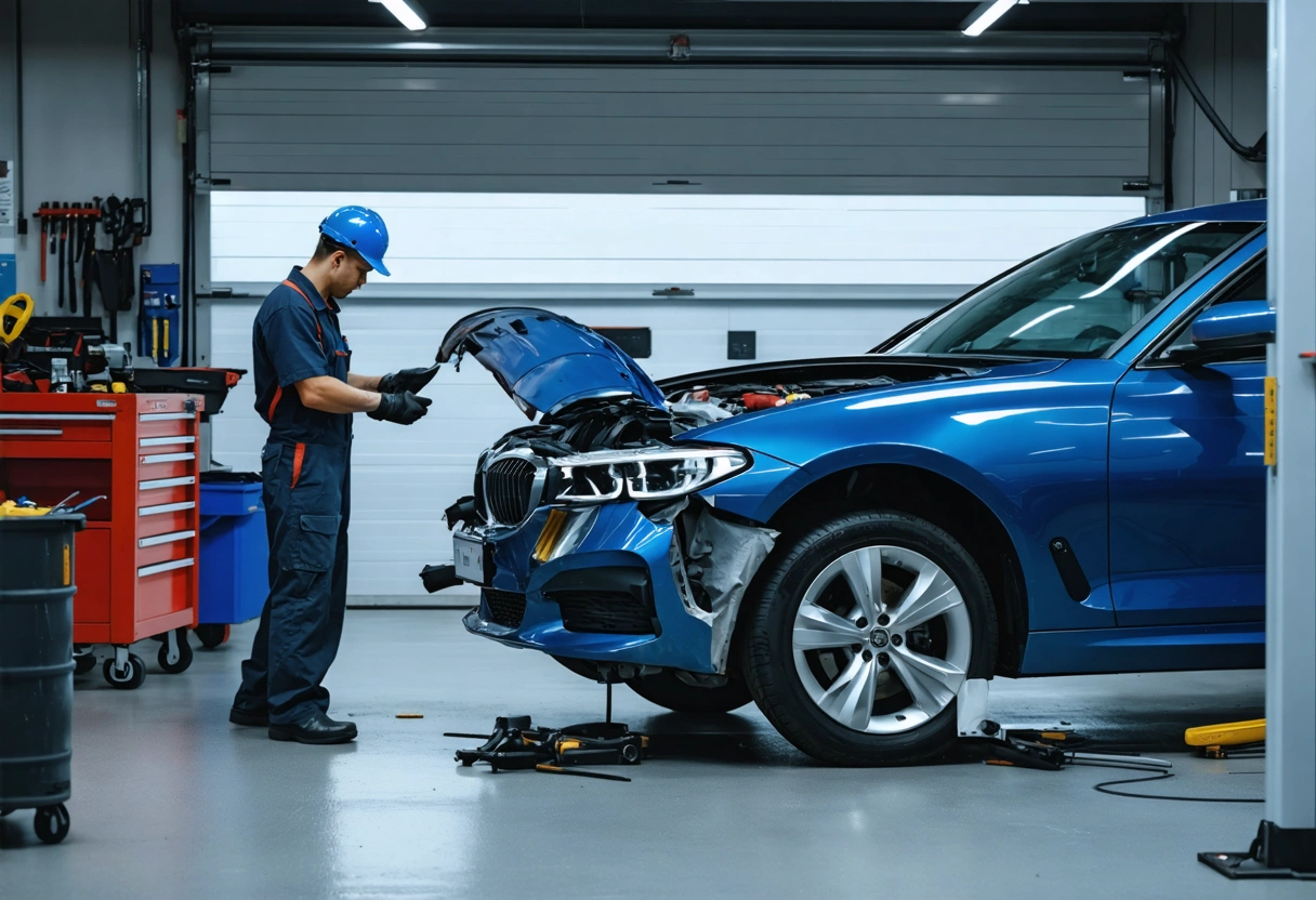 A mechanic assessing car damage in a repair shop, tools and equipment visible, bright workshop