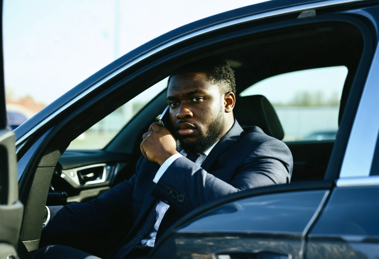 A person on a phone call with an insurance agent, sitting in a car, concerned
