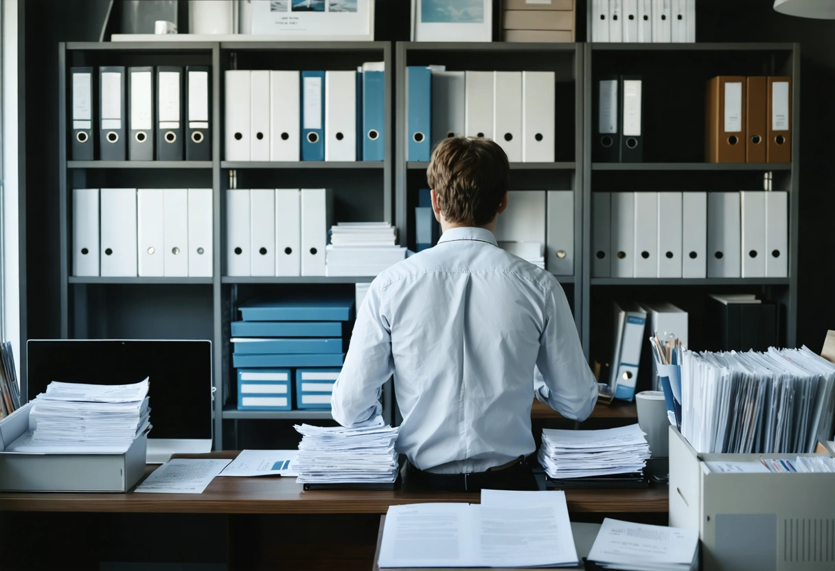 A person organizing documents in a home office, shelves with files, digital and physical records,