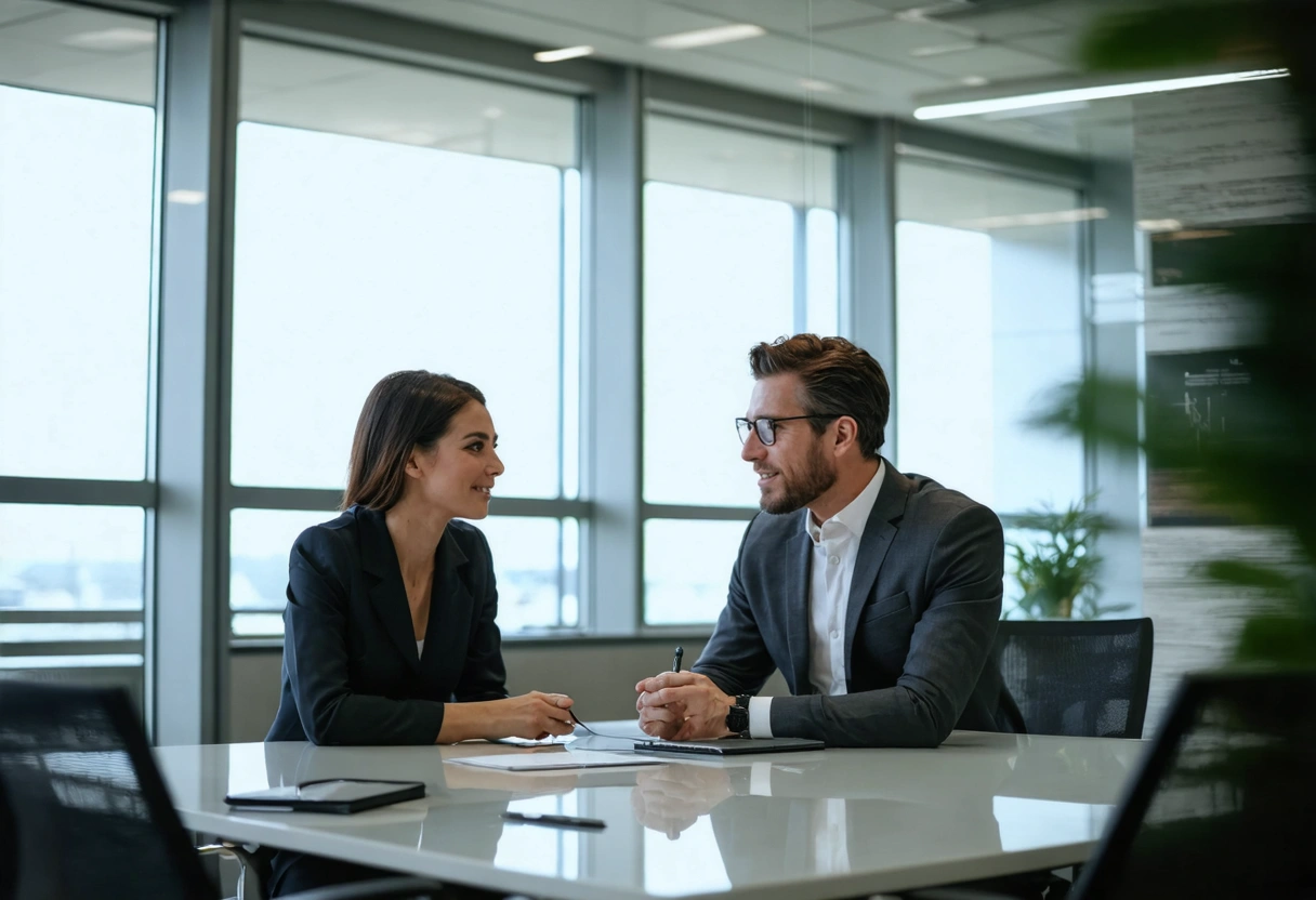 A person speaking with a higher-level insurance representative in a modern office, calm and composed,