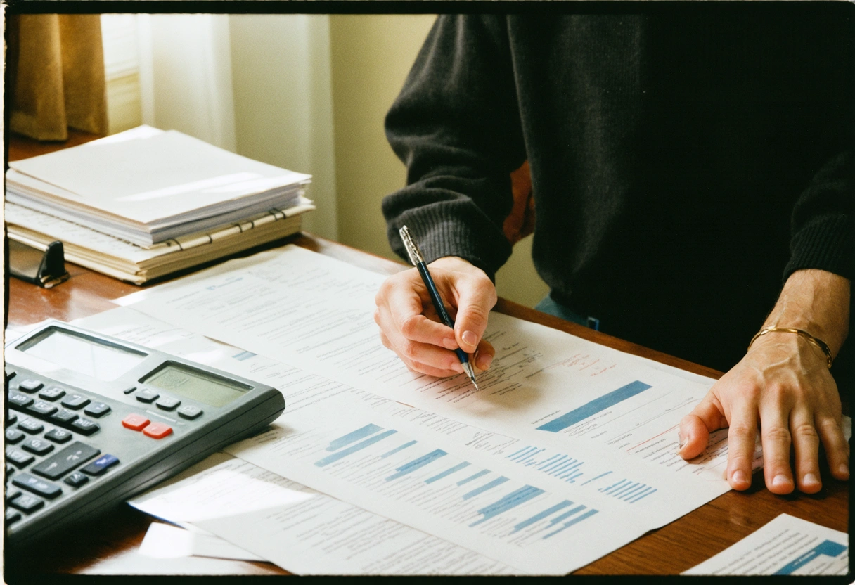 A person writing notes at a desk with insurance documents, focused expression, warm indoor lighting,