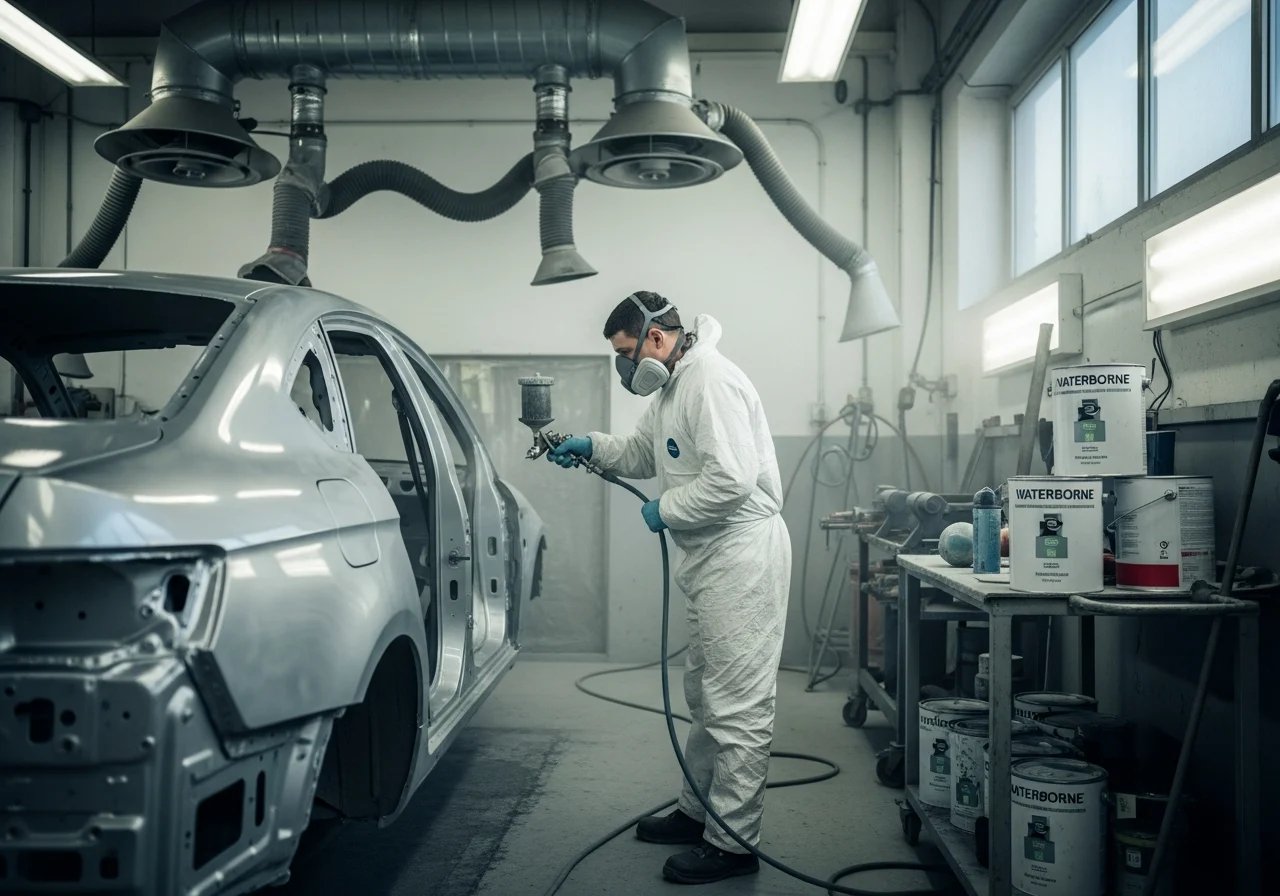 A repair shop using waterborne paints, with a technician carefully applying eco-friendly paint to a