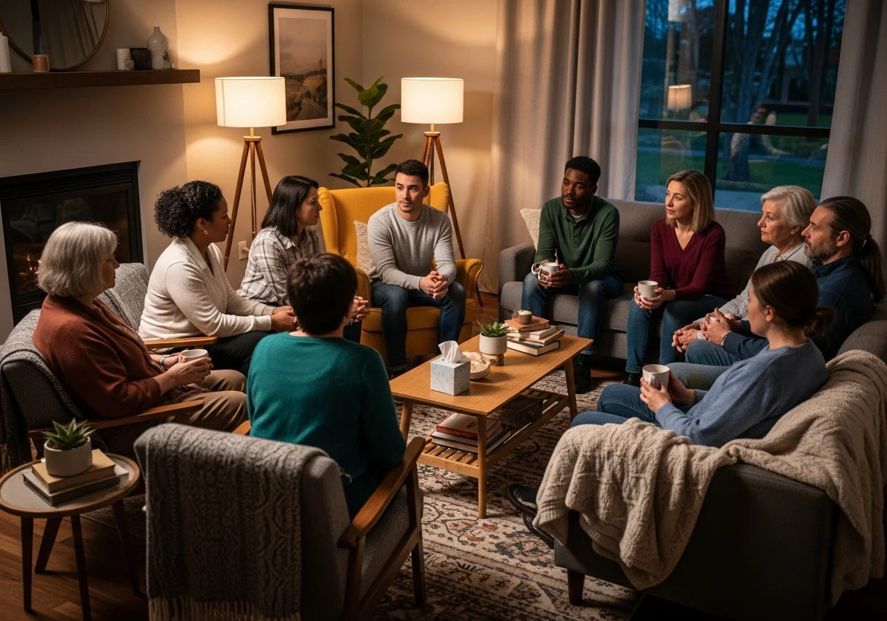 A support group meeting in a cozy room, where individuals share experiences post-accident. The atmosphere