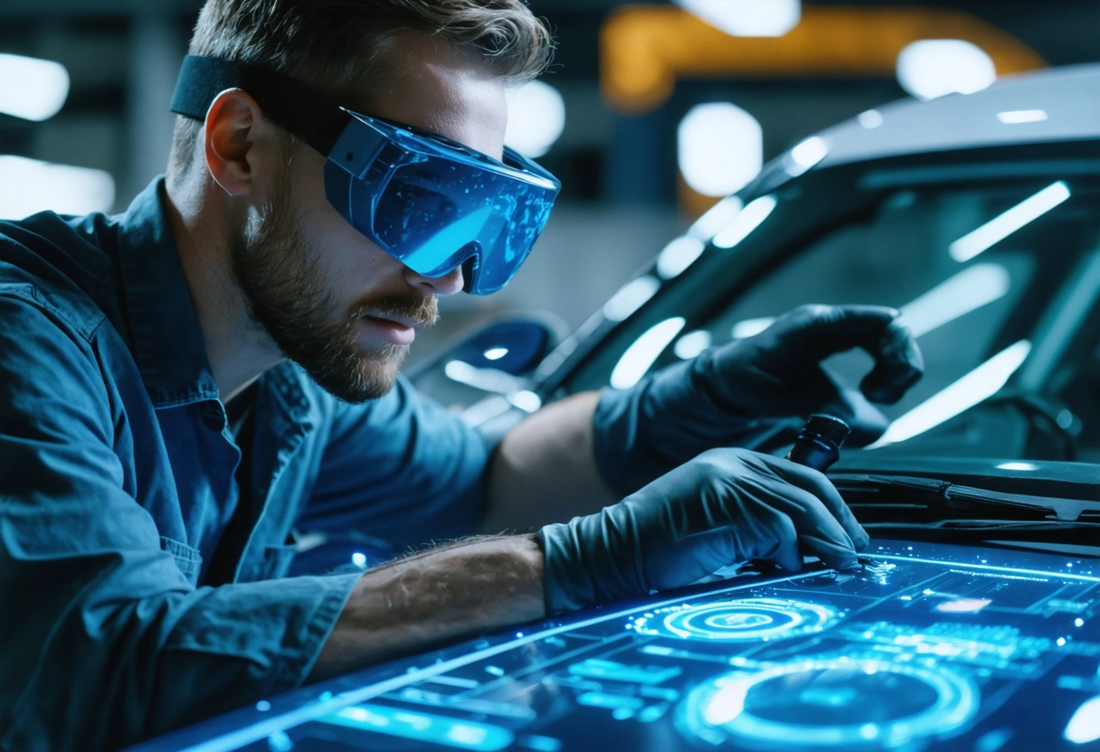A technician wearing AR glasses in a modern repair shop, with digital overlays guiding complex