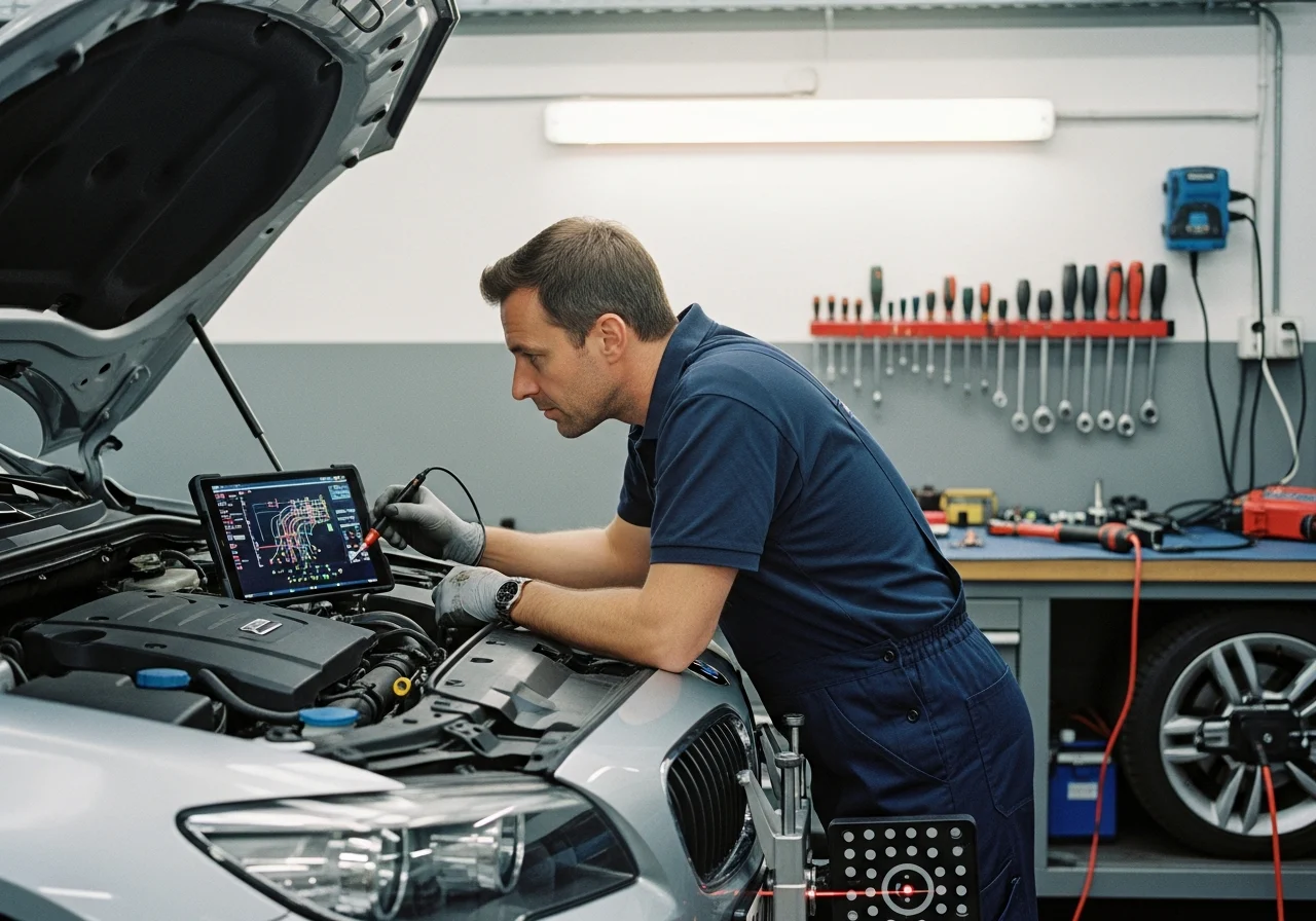 A thorough post-repair inspection in a well-lit garage, focusing on a mechanic checking electronic systems
