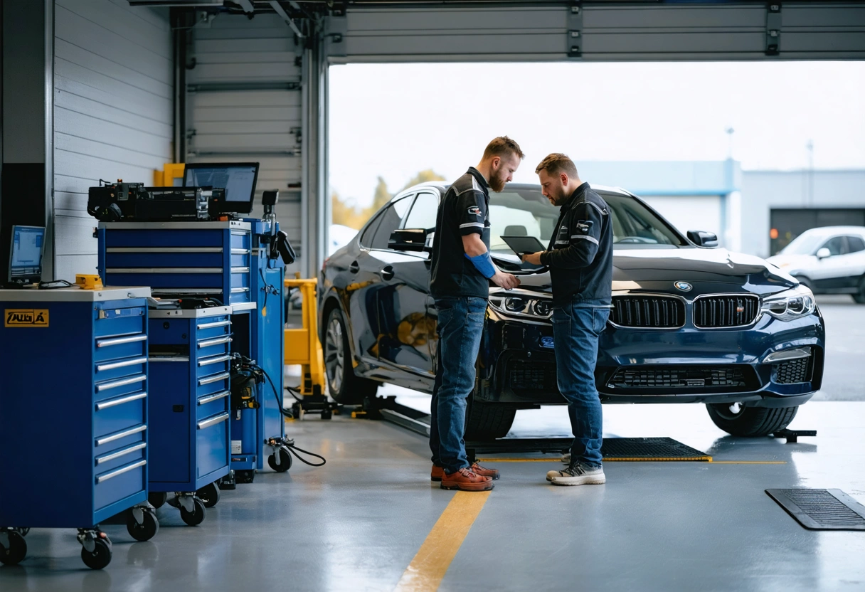 Professionals collaborate on ADAS sensor calibration in an auto workshop.