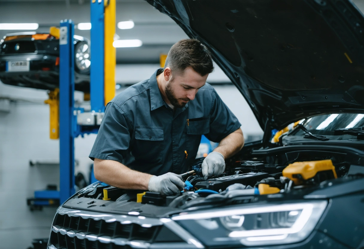 Auto repair technician in a training session, using advanced diagnostic tools on a vehicle. Classroom