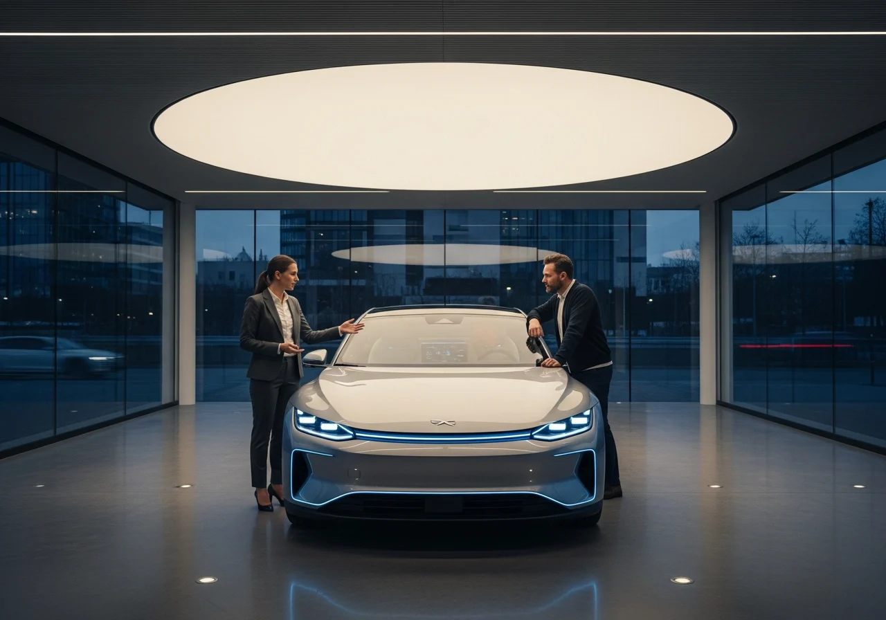 Professional explains ADAS features to driver beside a modern vehicle.