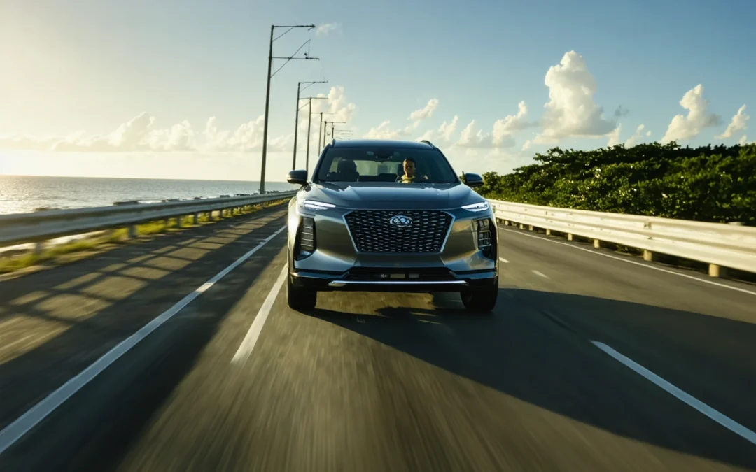 Modern SUV on a sunlit coastal Florida road with safety features