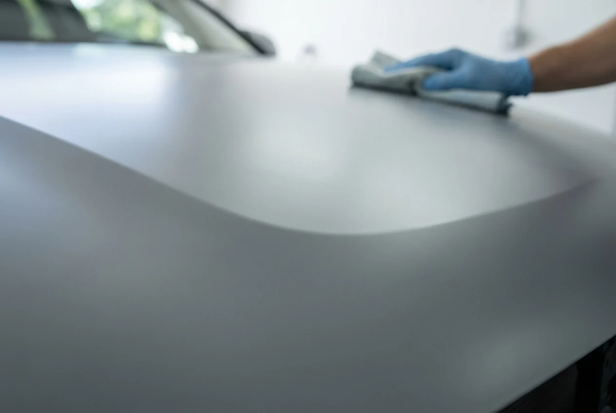 Close-up of a car's surface under natural light, showing even primer and base coat. The