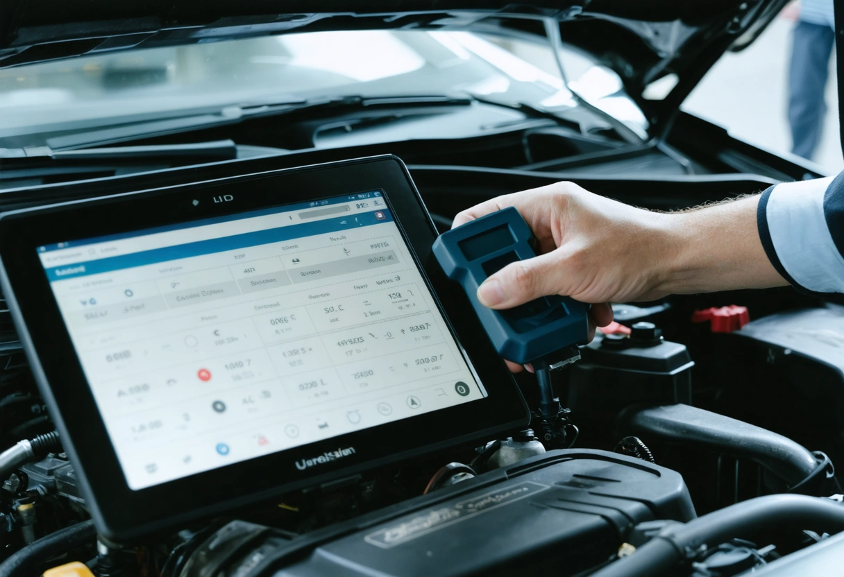 Close-up of a mechanic using a comprehensive diagnostic scanner on a car's engine. The scanner