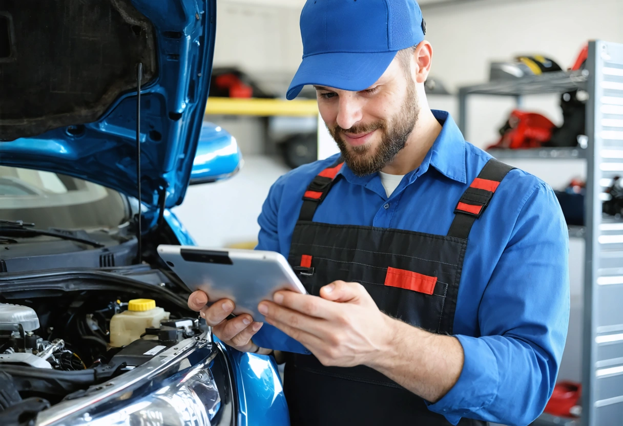 Customer and mechanic reviewing diagnostic report on a tablet in an auto repair shop. Bright