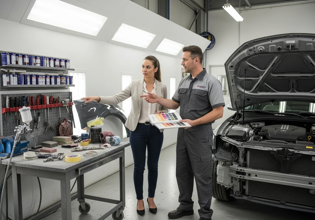 Customer discussing paint job with a technician in a well-organized auto body shop. The setting