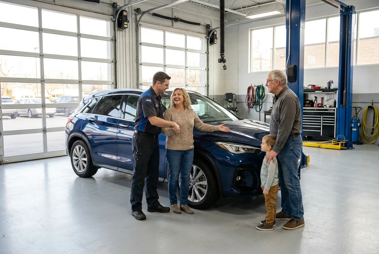 Driver, technician, and family member stand confidently by a serviced vehicle.