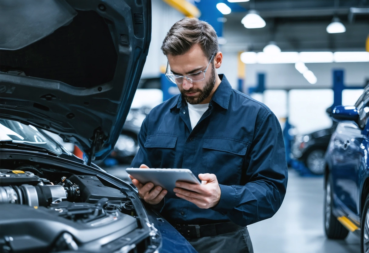 Mechanic analyzing diagnostic data on a tablet, surrounded by auto parts, in a clean, organized
