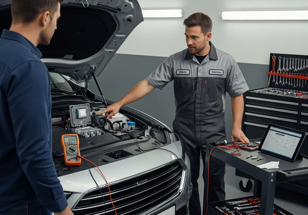 Technician and customer discuss ADAS components beside an open vehicle hood.