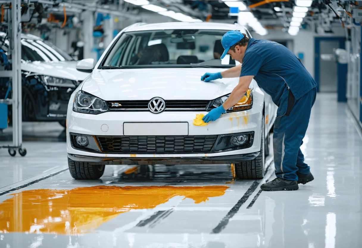 Technician applying waterborne paint to a car in a modern, eco-friendly workshop. The paint appears