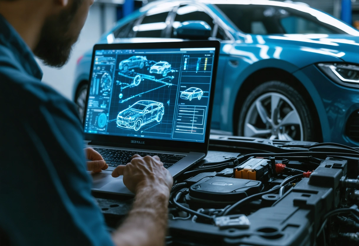 Technician using vehicle-specific diagnostic software on a laptop connected to a car. Detailed interface on