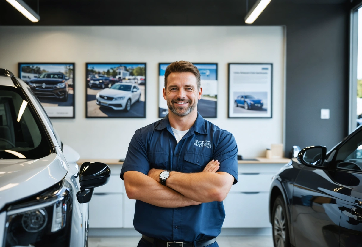 Technician with certifications interacting with satisfied customer.