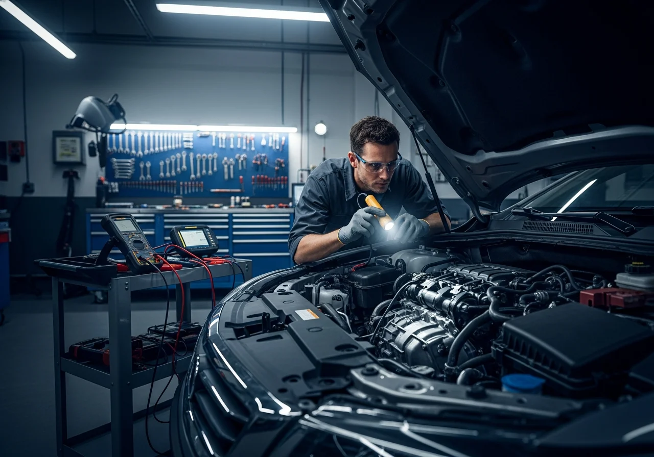 Technician inspecting engine for hidden damage in auto repair bay.
