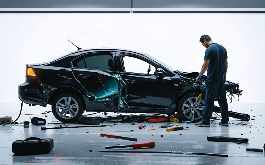 Technician examining a modern sedan for hidden accident damage