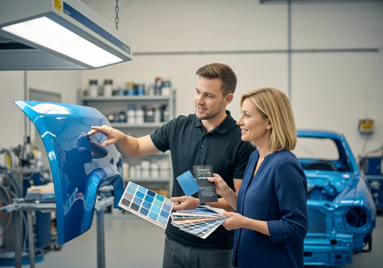 Technician and customer review paint samples and freshly painted panel.