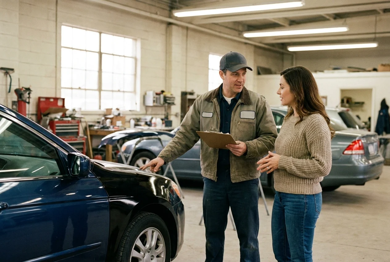 Technician and car owner discussing post-accident care in shop.