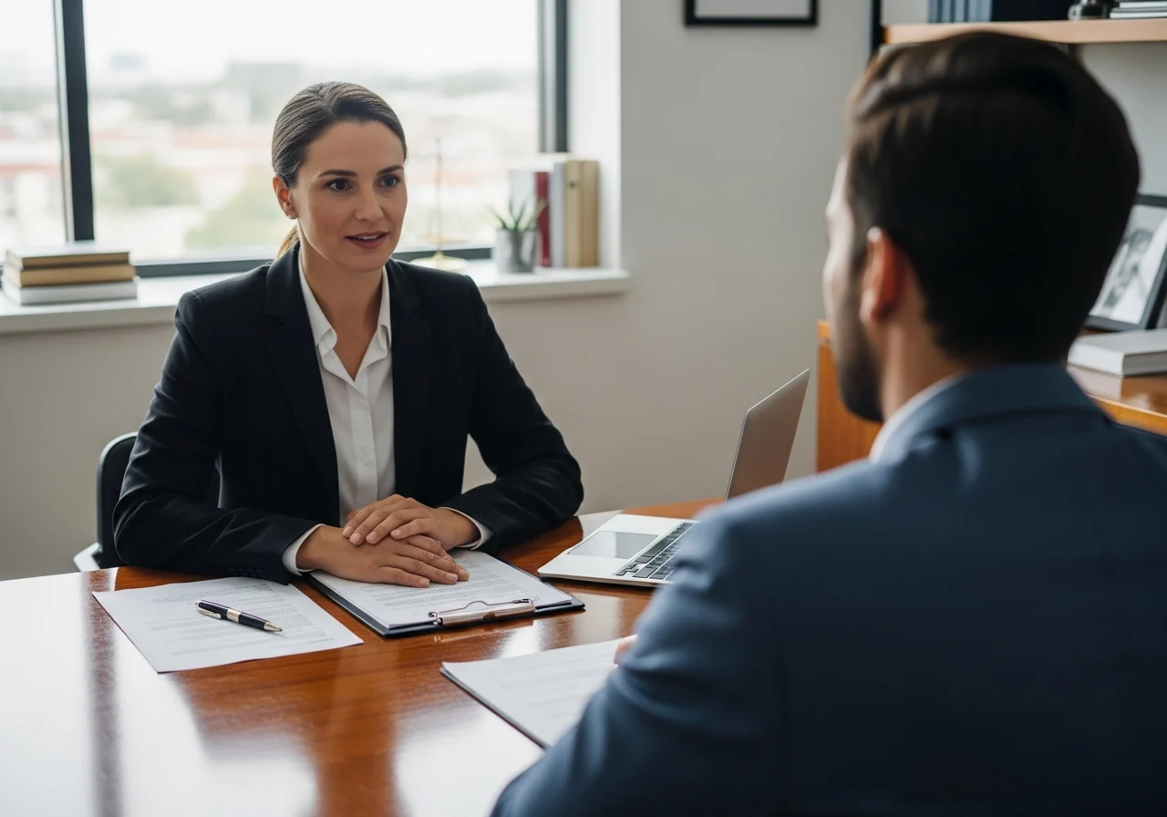 Person consulting lawyer about auto accident dispute in office.