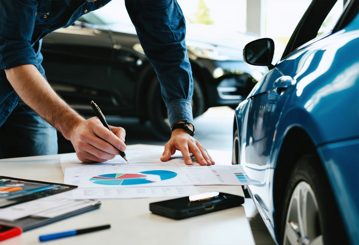 Technician and manager discuss vehicle protection options in office.
